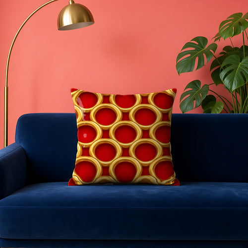 Big Gold Ring Weave faux suede cushion in the Christmas Jewel Bright palette, on a navy velvet sofa against a coral wall