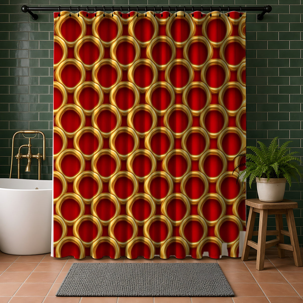 Big Gold Ring Weave Shower Curtain in a bathroom with dark green tiles