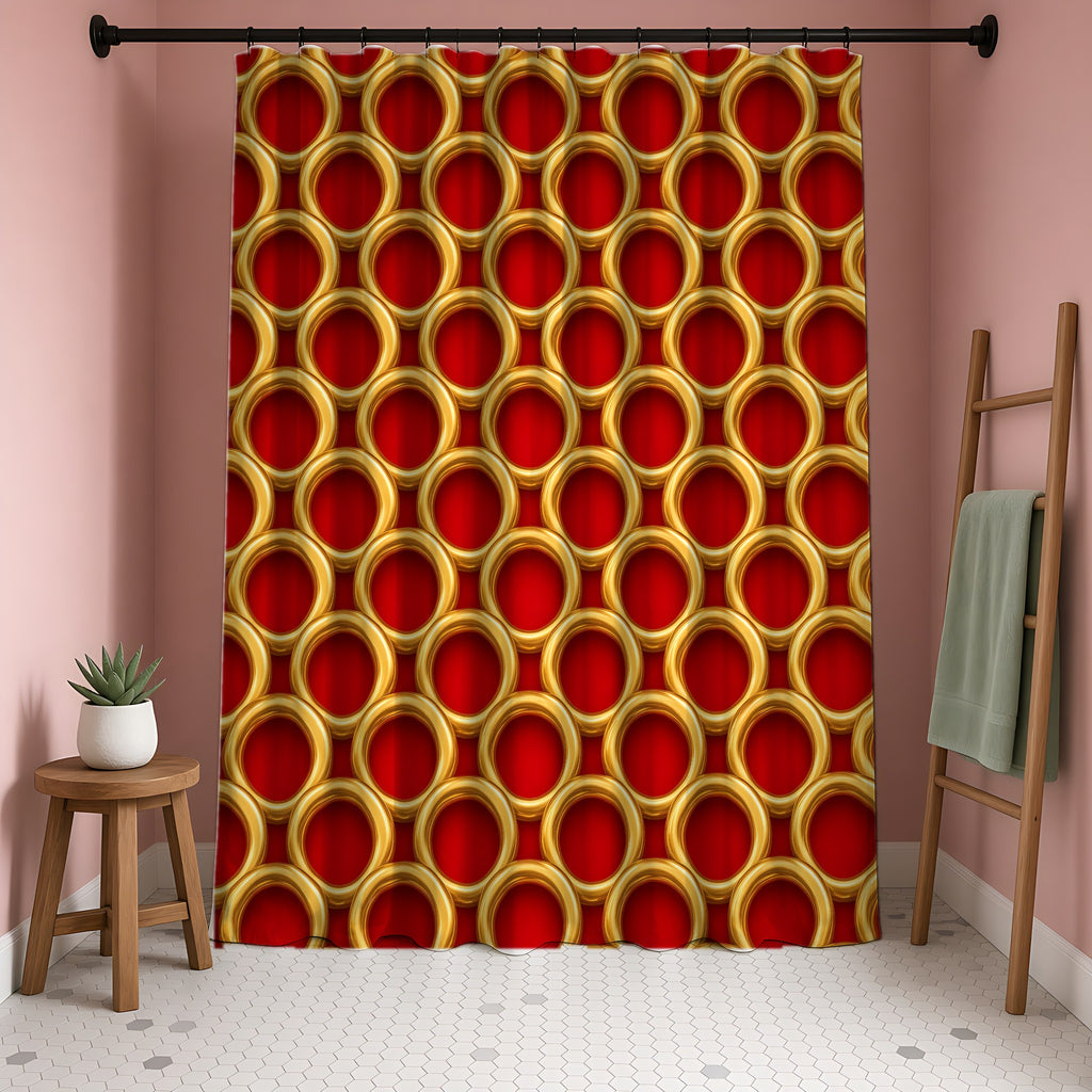Big Gold Ring Weave Shower Curtain in a blush-pink bathroom
