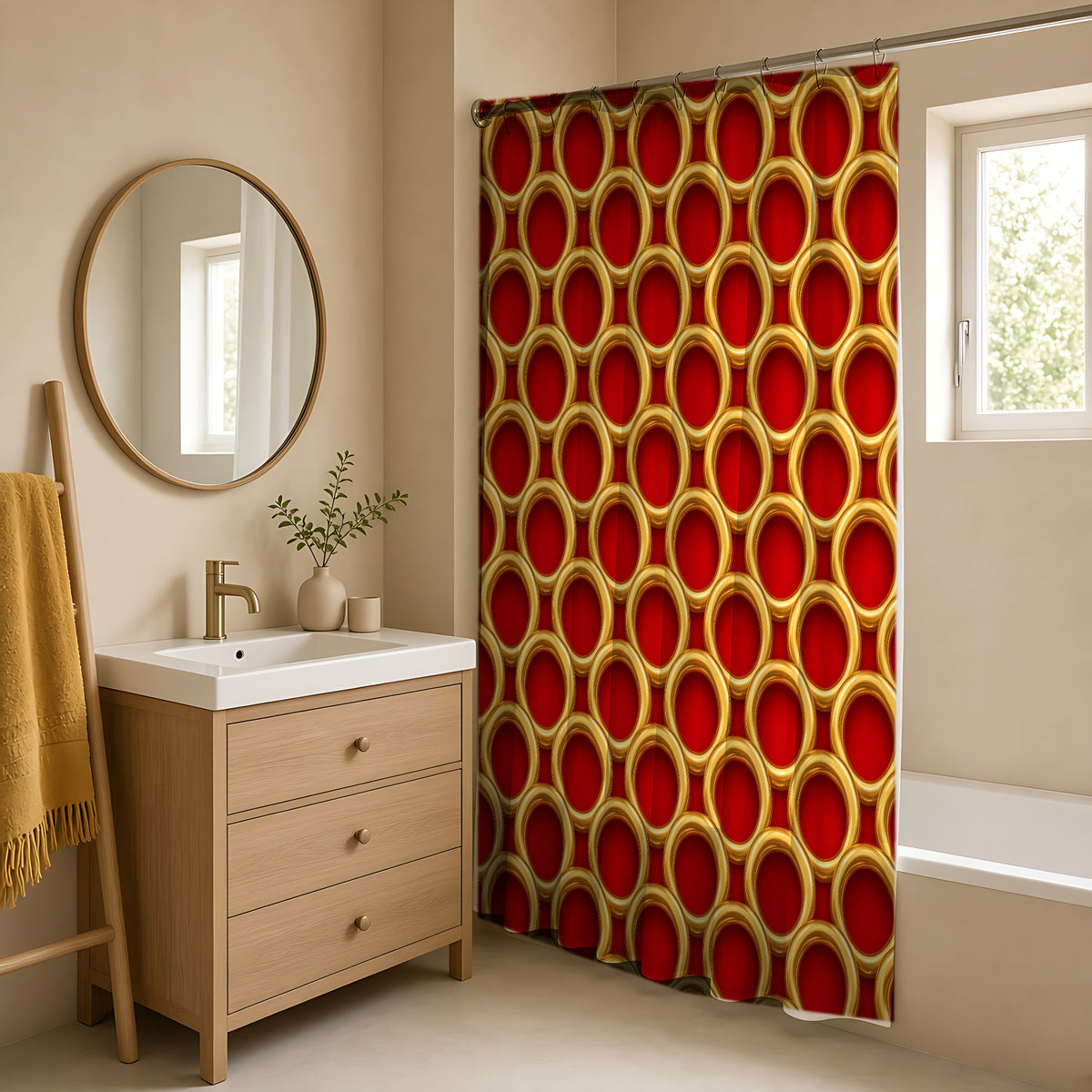 Big Gold Ring Weave Shower Curtain in a warm neutral bathroom with an oak vanity