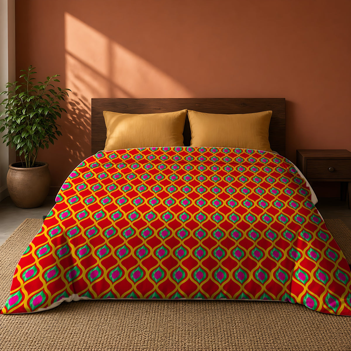 Grand Gold Ogee Lattice II Comforter on a king bed against a warm terracotta wall