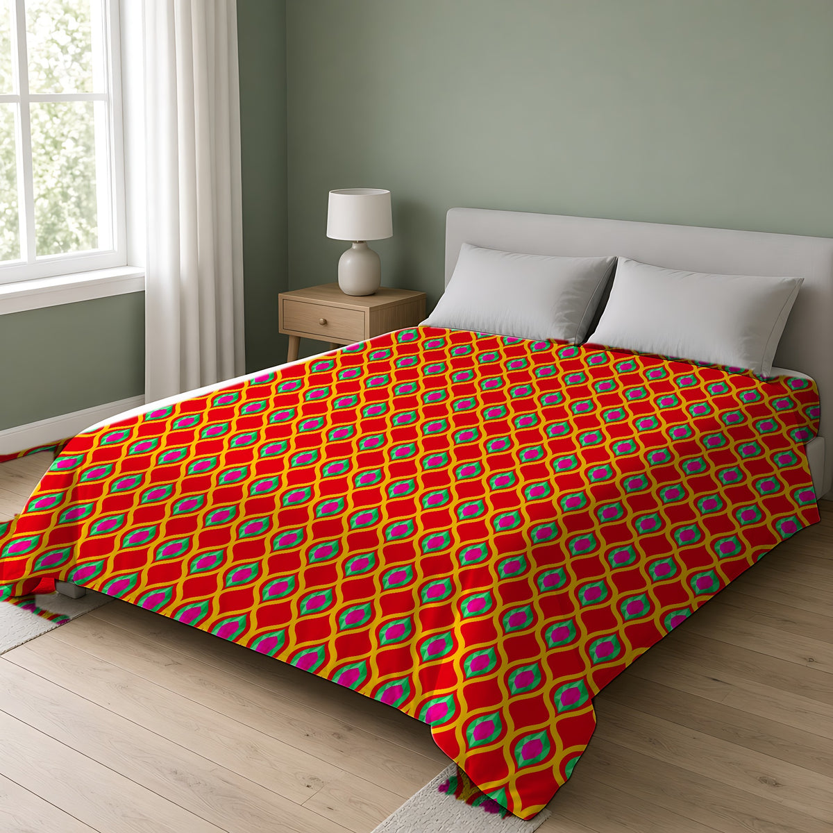Grand Gold Ogee Lattice II Comforter on a double bed in a bright sage-green bedroom