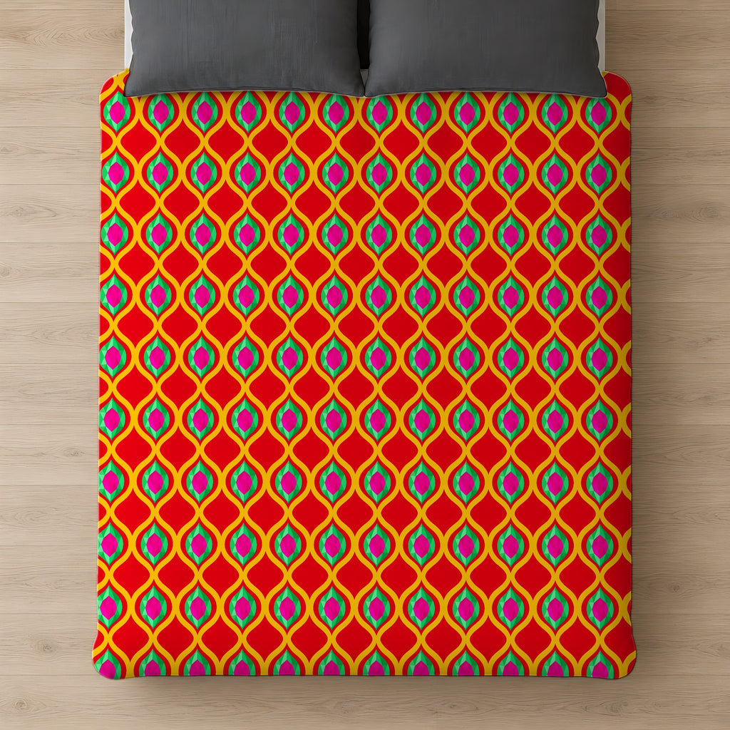 Grand Gold Ogee Lattice II Cotton Duvet Cover on a bed, seen from above