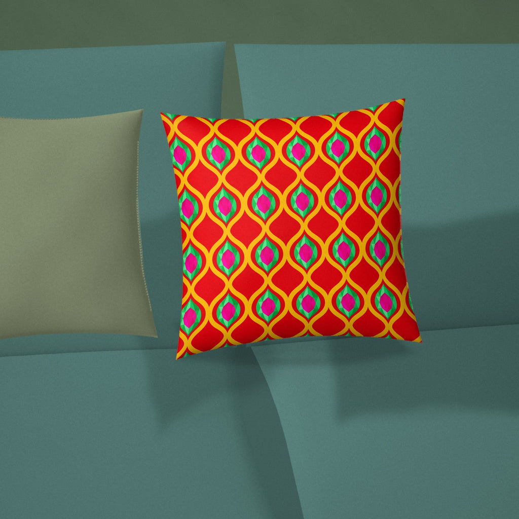 Grand Gold Ogee Lattice II Faux Suede Cushion styled on a sofa