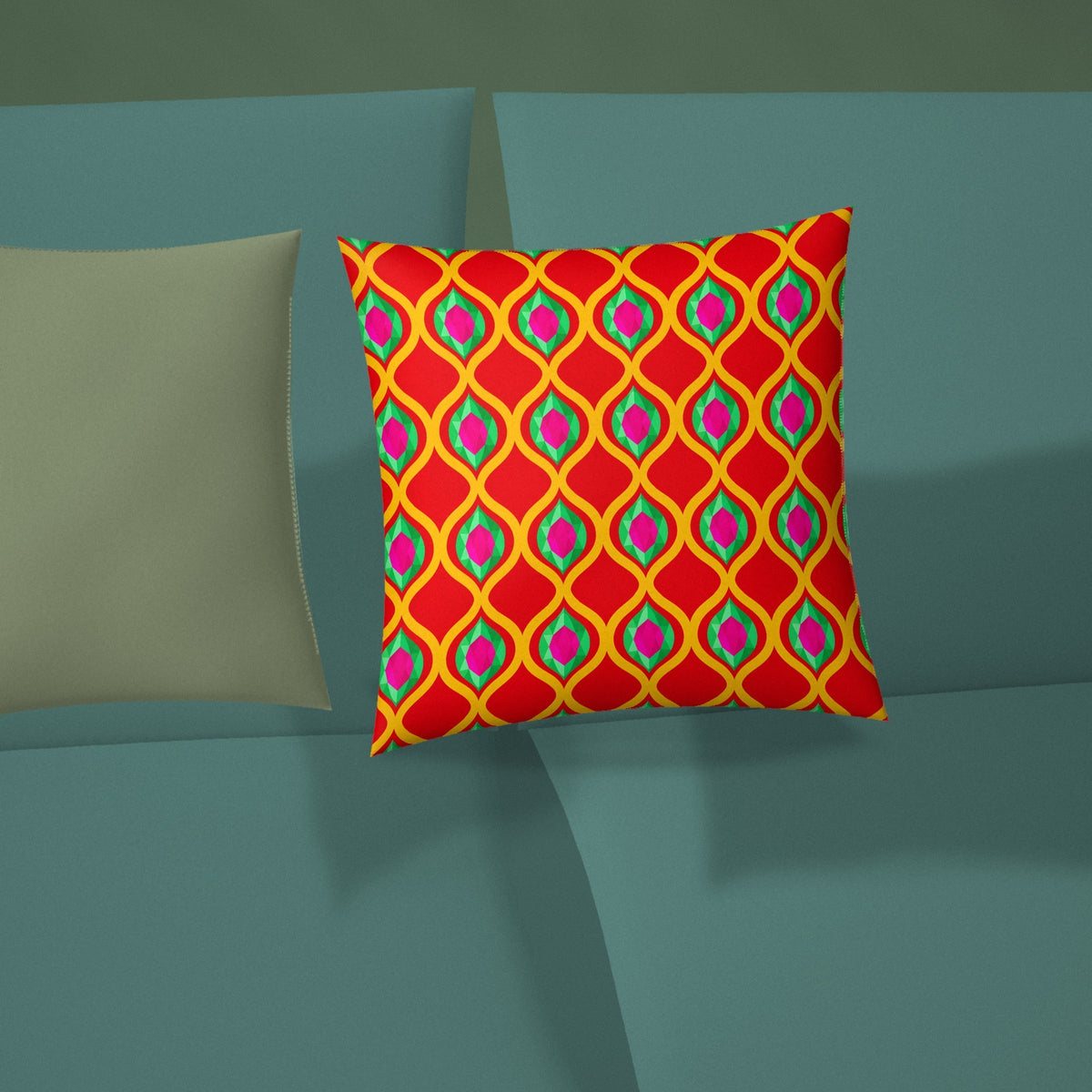 Grand Gold Ogee Lattice II Faux Suede Cushion styled on a sofa