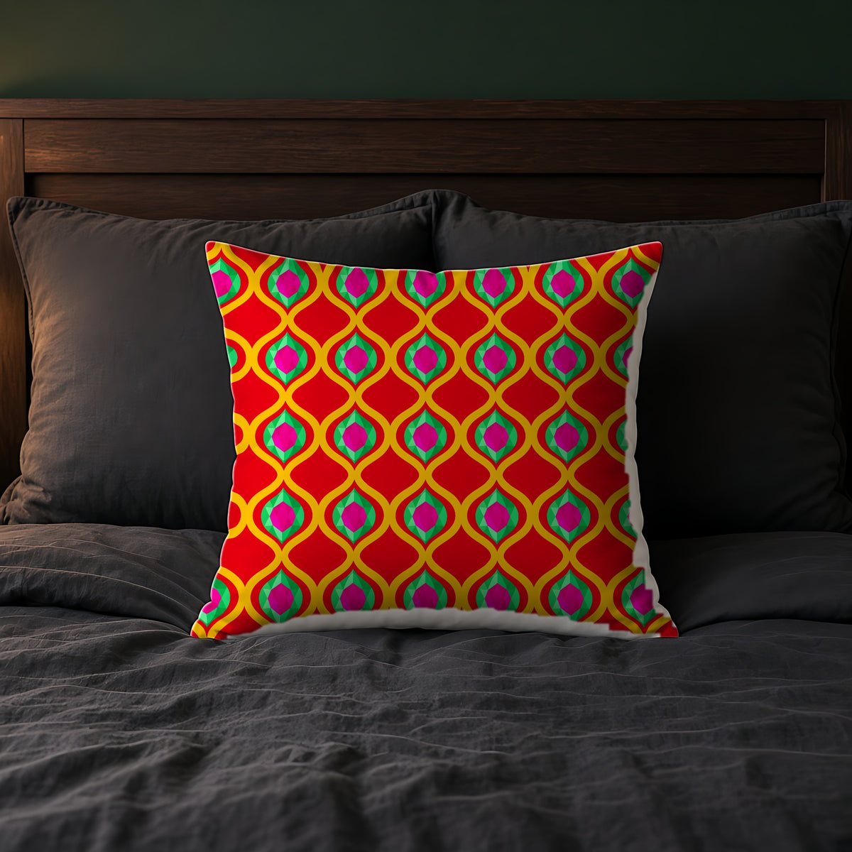 Grand Gold Ogee Lattice II Faux Suede Cushion on a bed with charcoal bedding