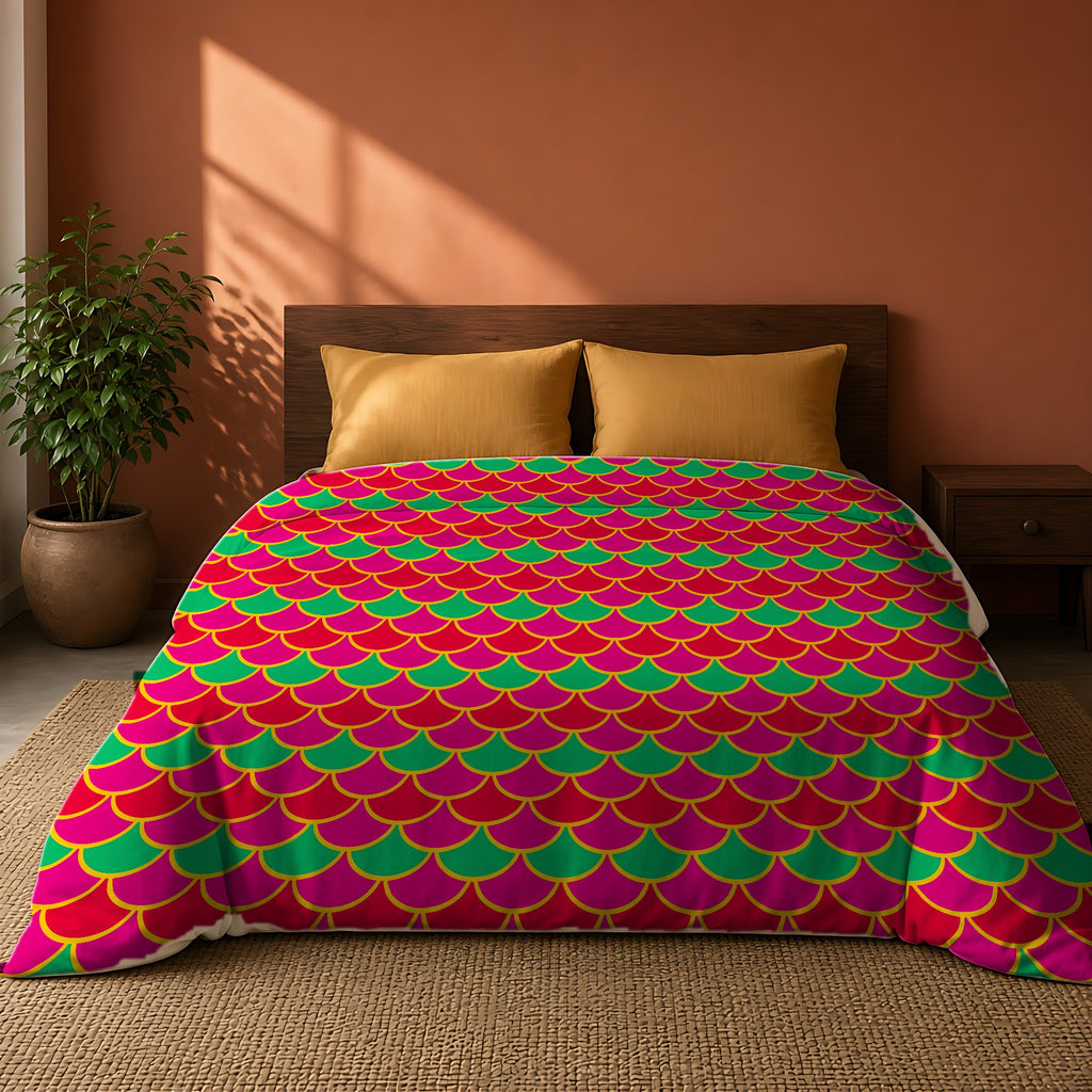 Big Jewel Scales II Comforter on a king bed against a warm terracotta wall
