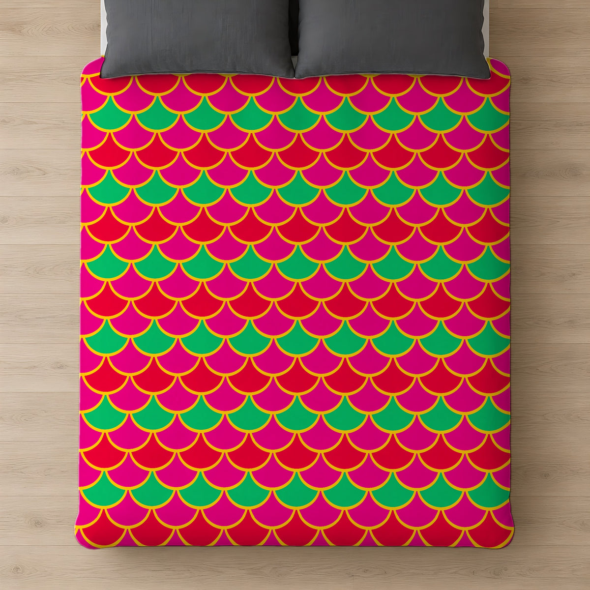 Big Jewel Scales II Comforter on a bed, seen from above
