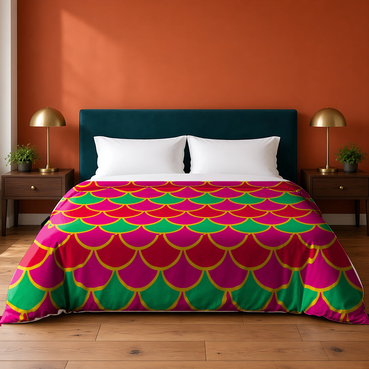 Big Jewel Scales II cotton duvet cover in the Christmas Jewel Bright palette, on a bed with a teal headboard against a terracotta wall