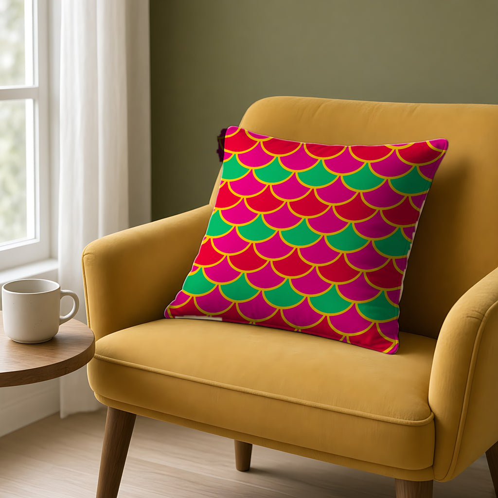 Big Jewel Scales II Faux Suede Cushion on a mustard armchair by a window