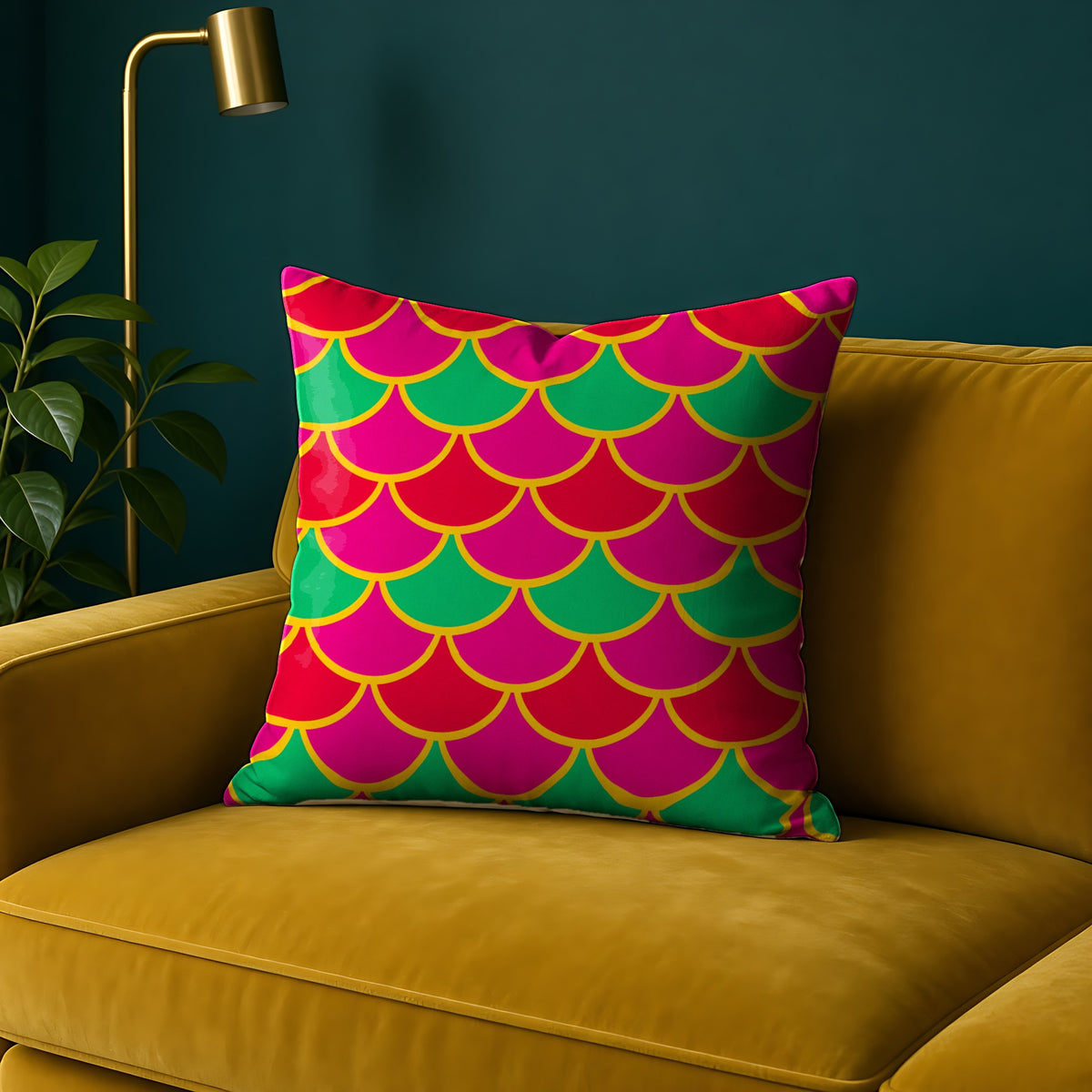 Big Jewel Scales II faux suede cushion in the Christmas Jewel Bright palette, on a mustard sofa against a teal wall