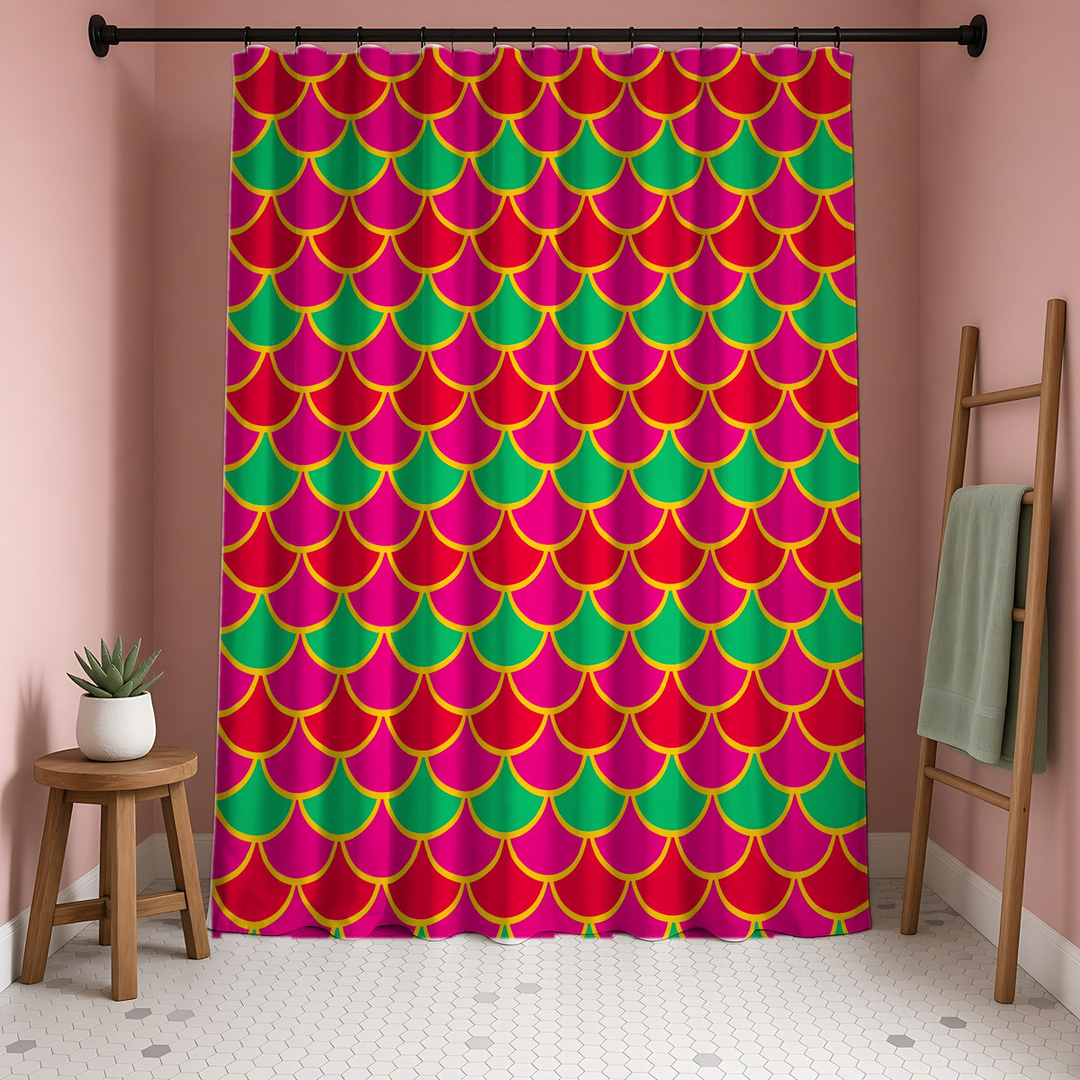 Big Jewel Scales II Shower Curtain in a blush-pink bathroom
