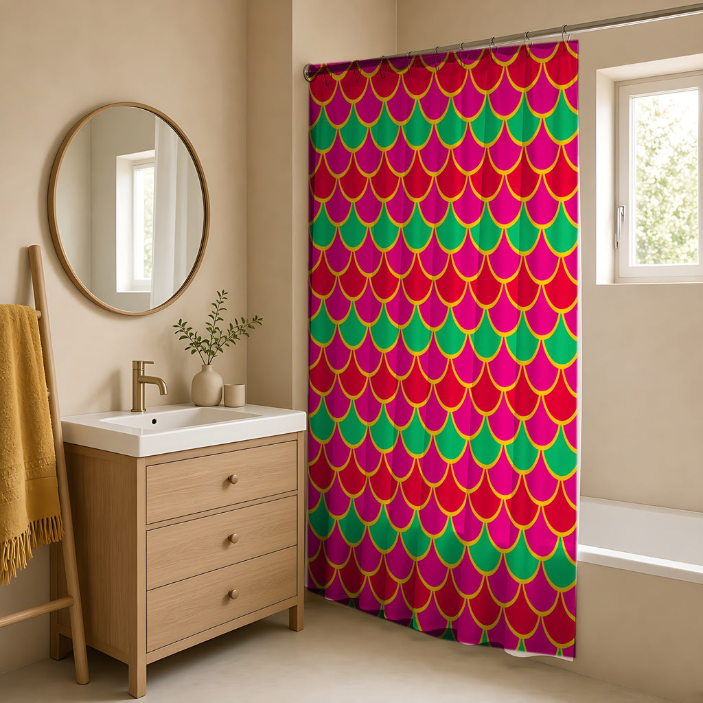 Big Jewel Scales II Shower Curtain in a warm neutral bathroom with an oak vanity