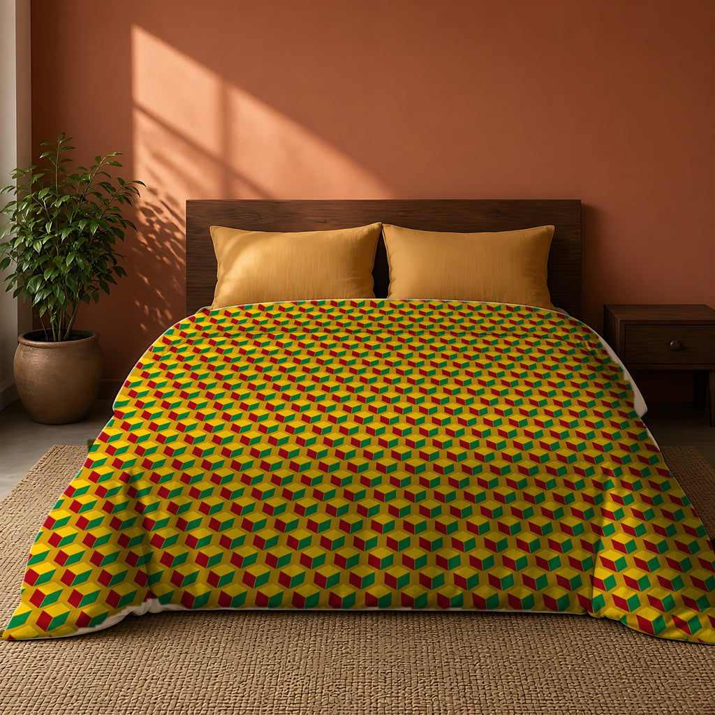 Giant Faceted Cubes II Comforter on a king bed against a warm terracotta wall