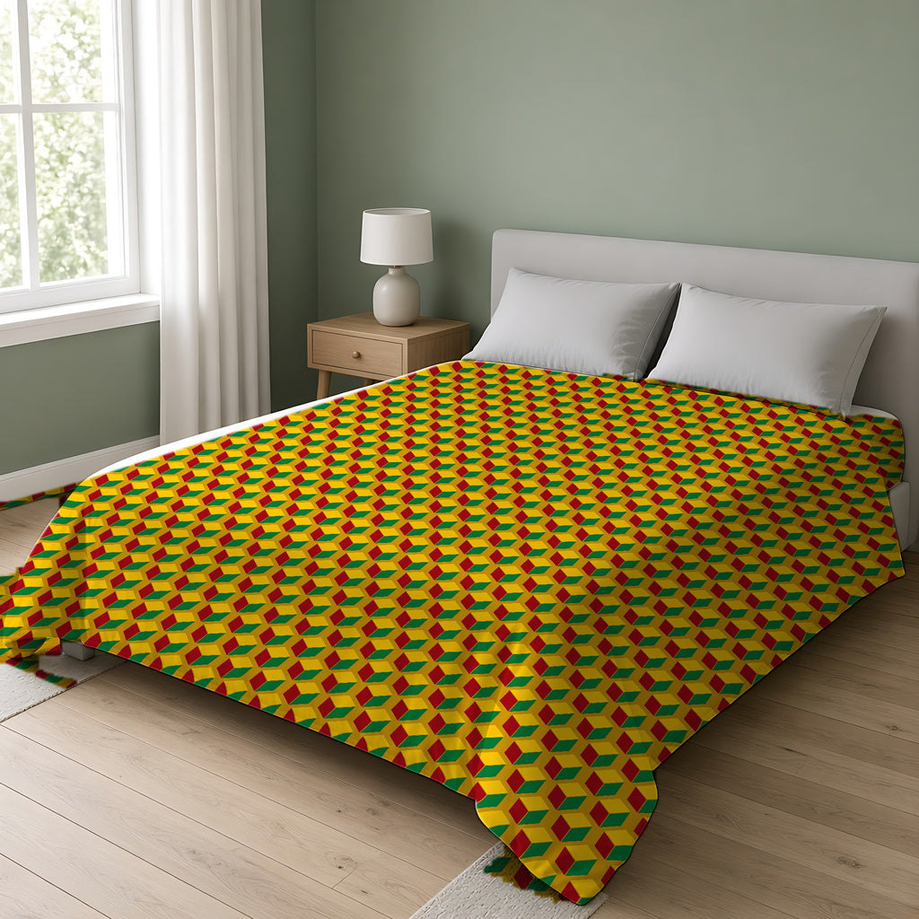 Giant Faceted Cubes II Cotton Duvet Cover on a double bed in a bright sage-green bedroom