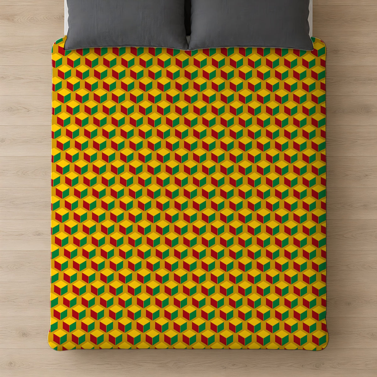 Giant Faceted Cubes II Cotton Duvet Cover on a bed, seen from above