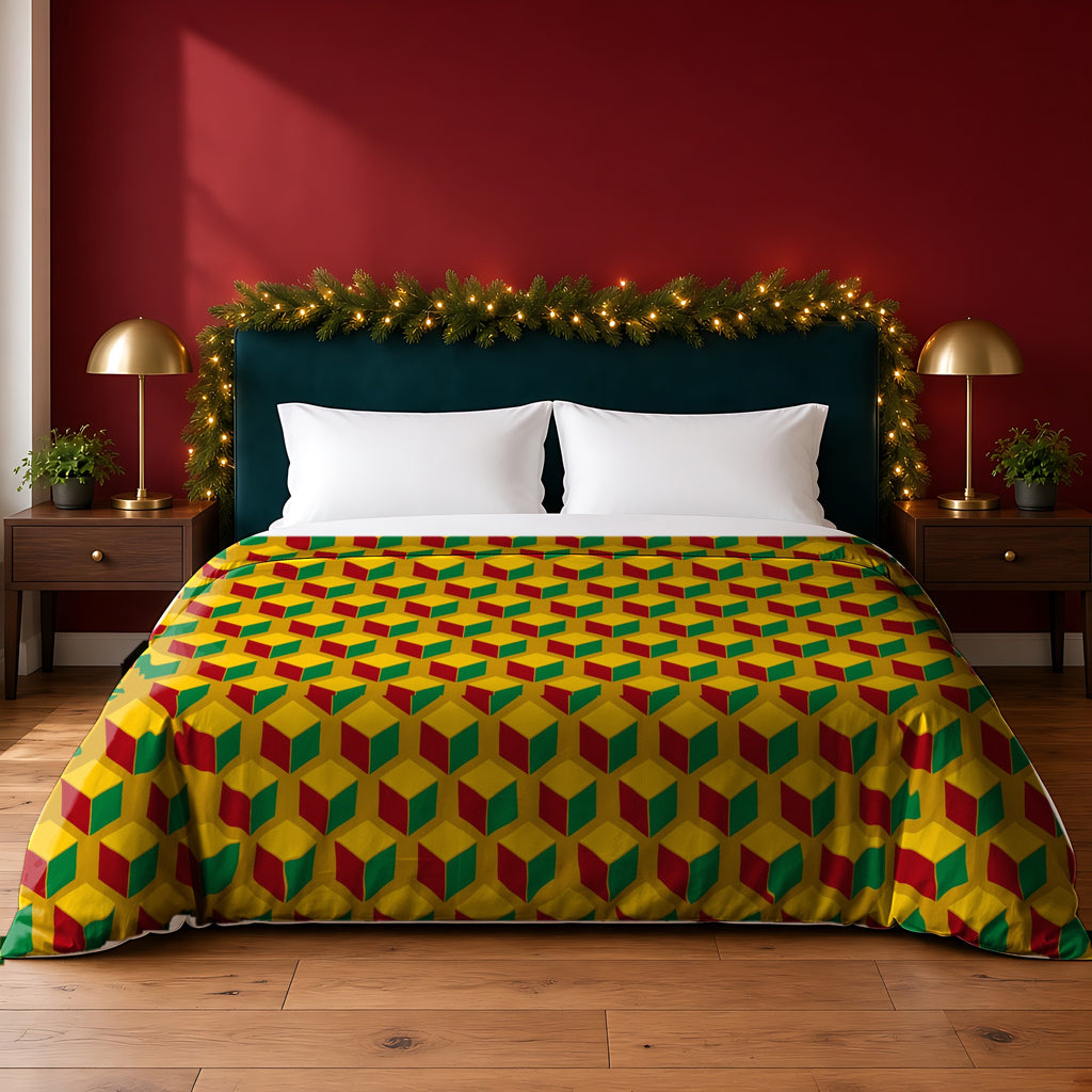 Giant Faceted Cubes II cotton duvet cover in the Christmas Jewel Bright palette, on a bed with a green headboard in a festive bedroom with pine garland and fairy lights