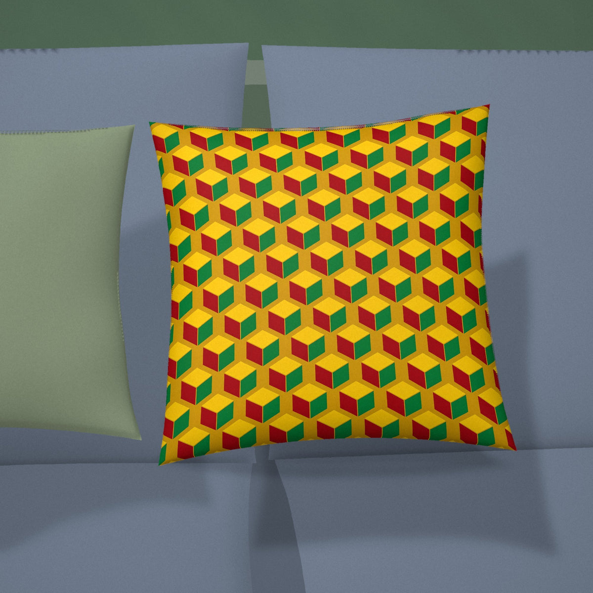 Giant Faceted Cubes II Faux Suede Cushion styled on a sofa