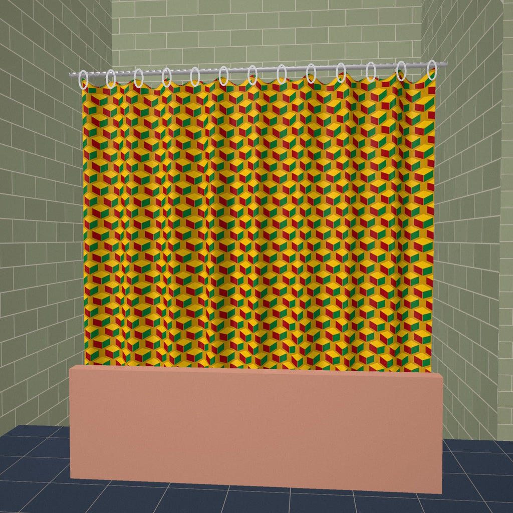 Giant Faceted Cubes II Shower Curtain hanging in a styled bathroom