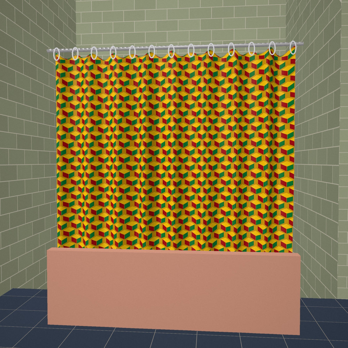Giant Faceted Cubes II Shower Curtain hanging in a styled bathroom
