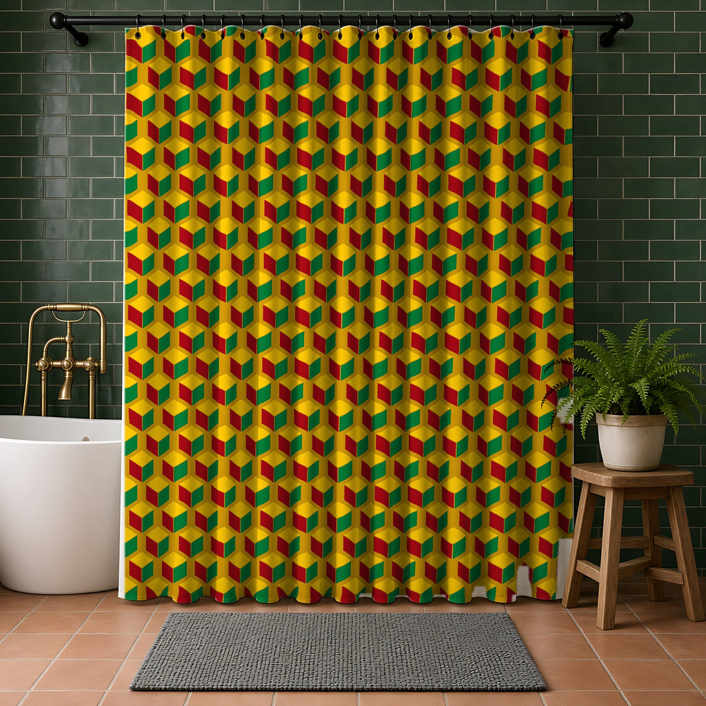 Giant Faceted Cubes II Shower Curtain in a bathroom with dark green tiles