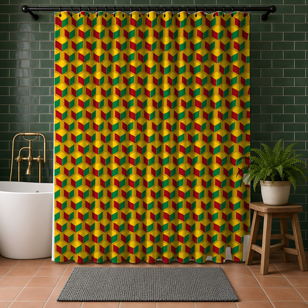 Giant Faceted Cubes II Shower Curtain in a bathroom with dark green tiles