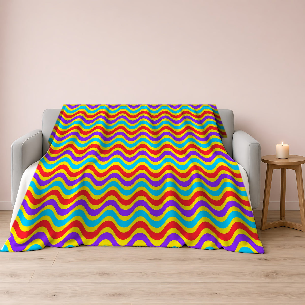 Wide Wave Interference Sherpa Fleece Blanket draped over a grey sofa