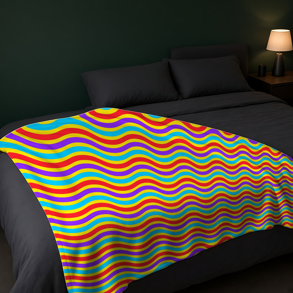Wide Wave Interference Sherpa Fleece Blanket across the foot of a dark bed