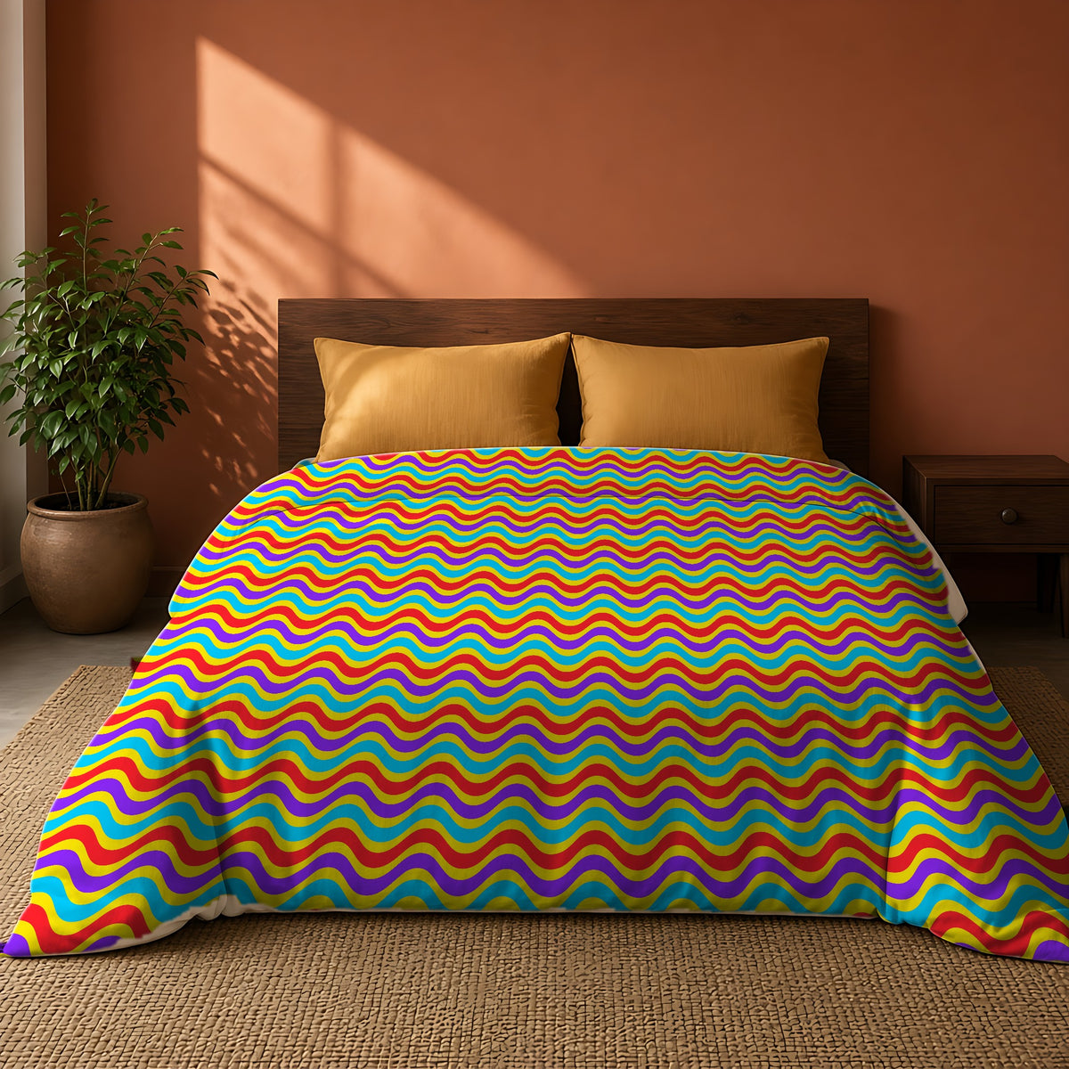 Wide Wave Interference Comforter on a king bed against a warm terracotta wall