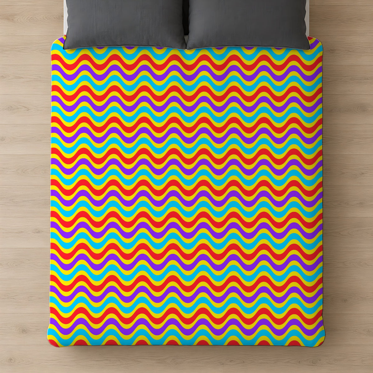 Wide Wave Interference Cotton Duvet Cover on a bed, seen from above