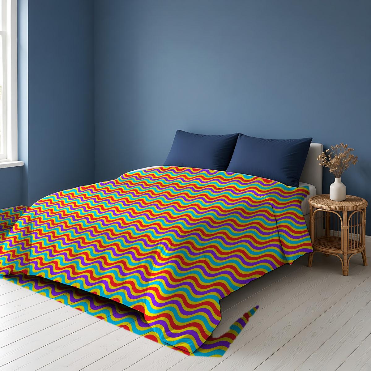 Wide Wave Interference Cotton Duvet Cover on a bed in a Scandinavian blue bedroom