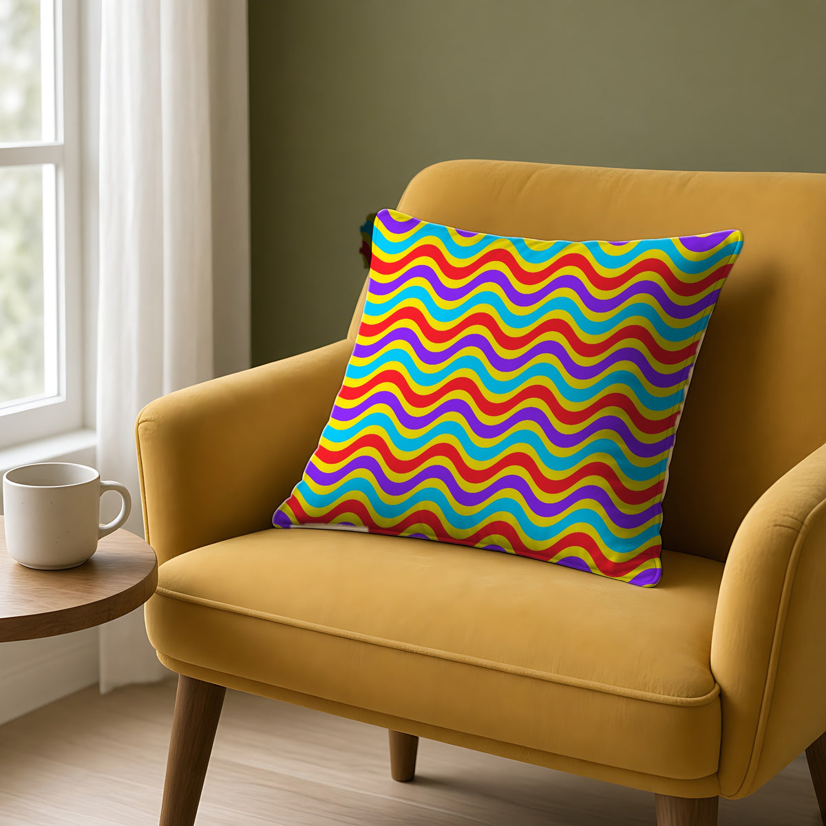 Wide Wave Interference Faux Suede Cushion on a mustard armchair by a window