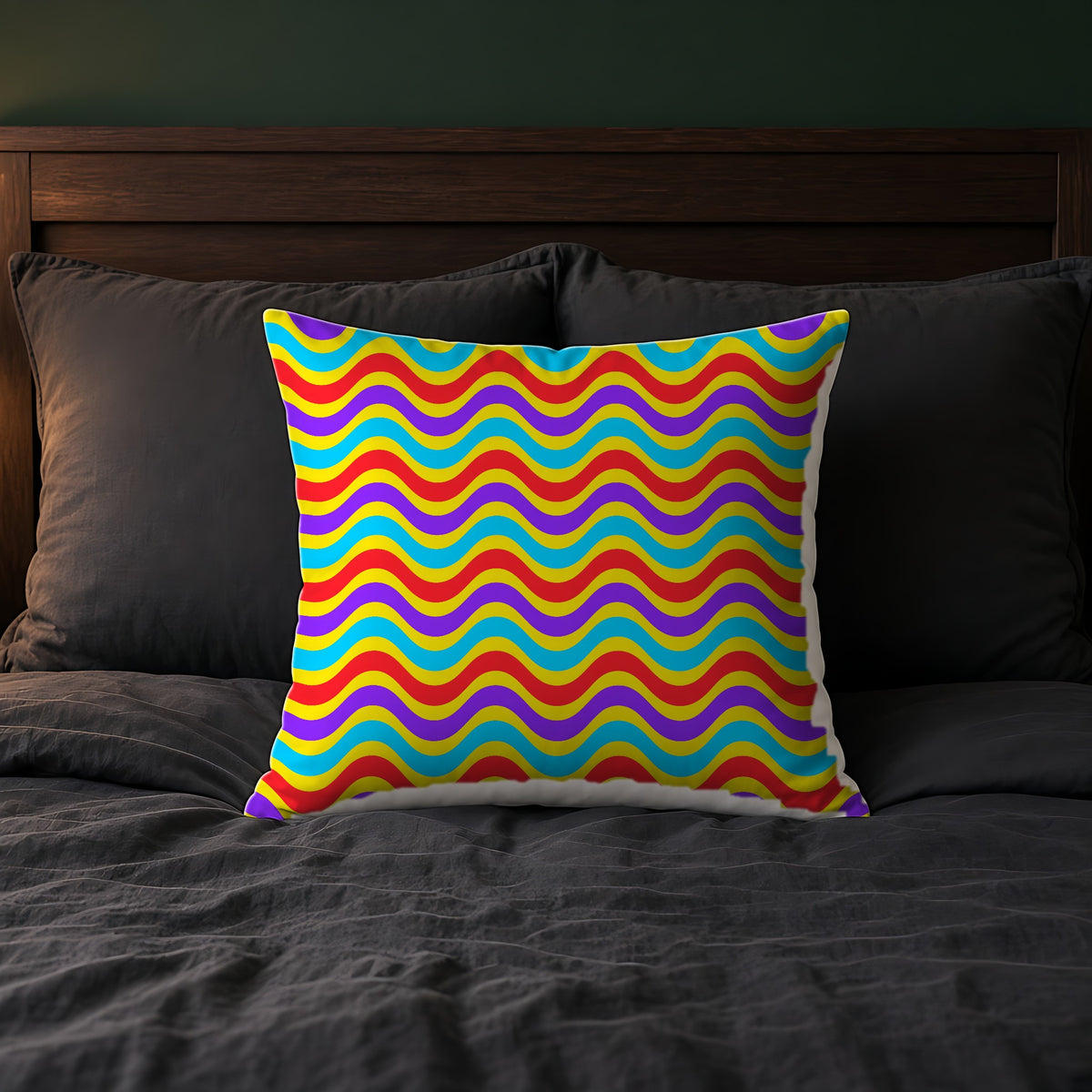 Wide Wave Interference Faux Suede Cushion on a bed with charcoal bedding