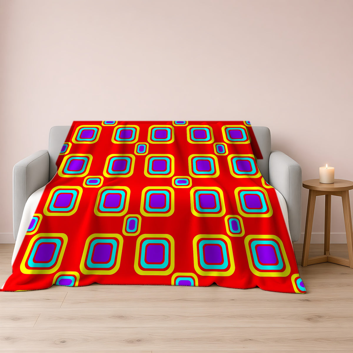 Big Ripple Squares Sherpa Fleece Blanket draped over a grey sofa