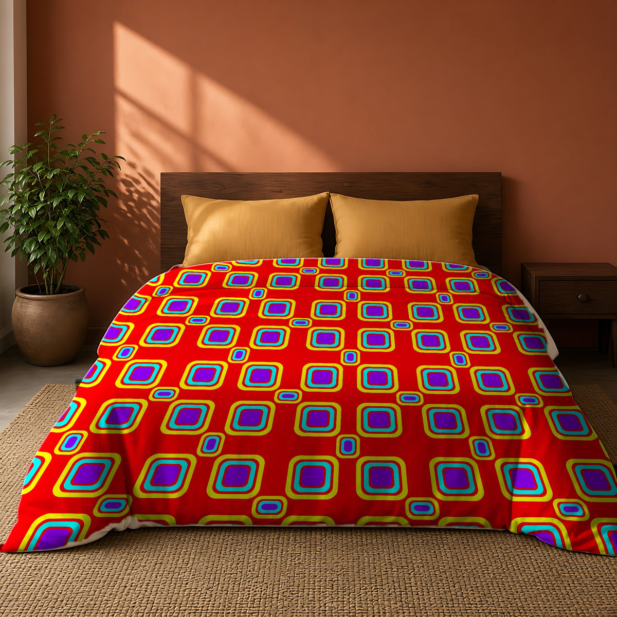 Big Ripple Squares Comforter on a king bed against a warm terracotta wall