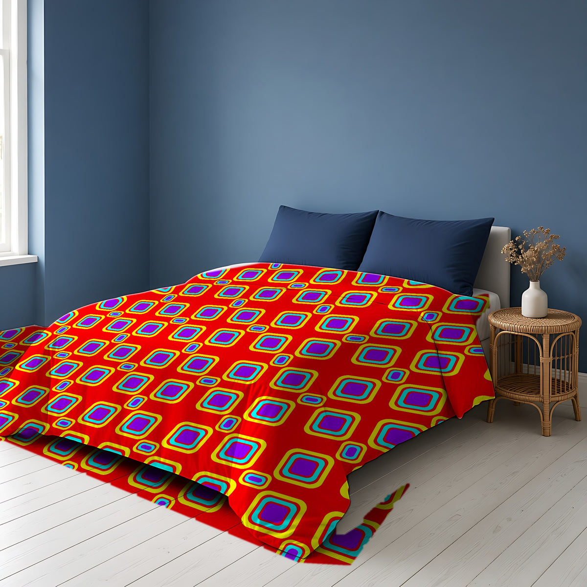 Big Ripple Squares Comforter on a bed in a Scandinavian blue bedroom