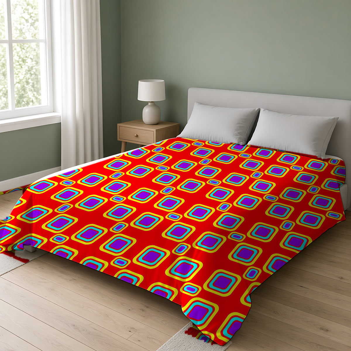 Big Ripple Squares Comforter on a double bed in a bright sage-green bedroom