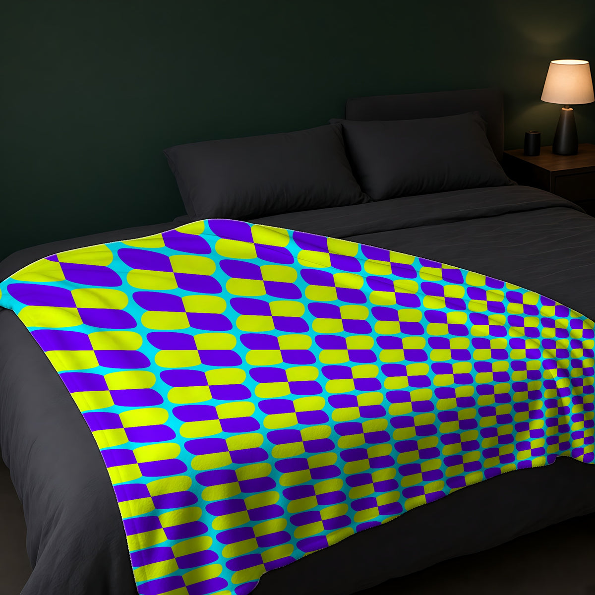 Bold Bulge Checker Sherpa Fleece Blanket across the foot of a dark bed