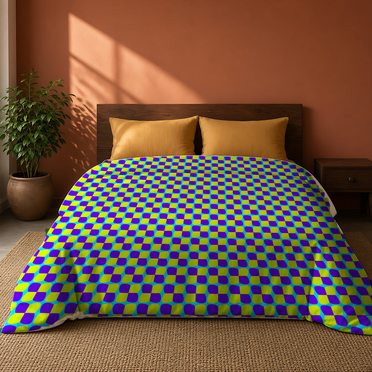 Bold Bulge Checker Comforter on a king bed against a warm terracotta wall