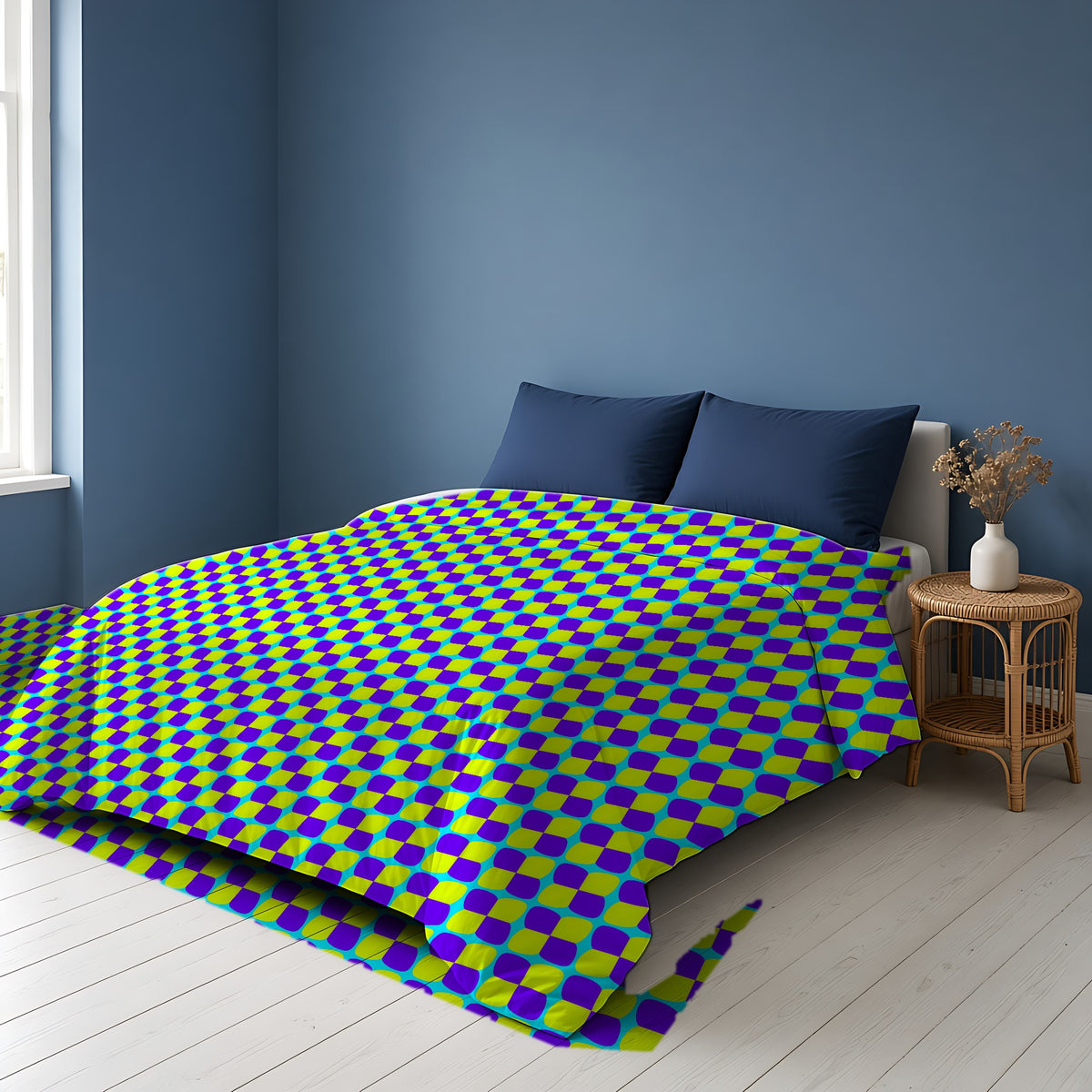 Bold Bulge Checker Comforter on a bed in a Scandinavian blue bedroom