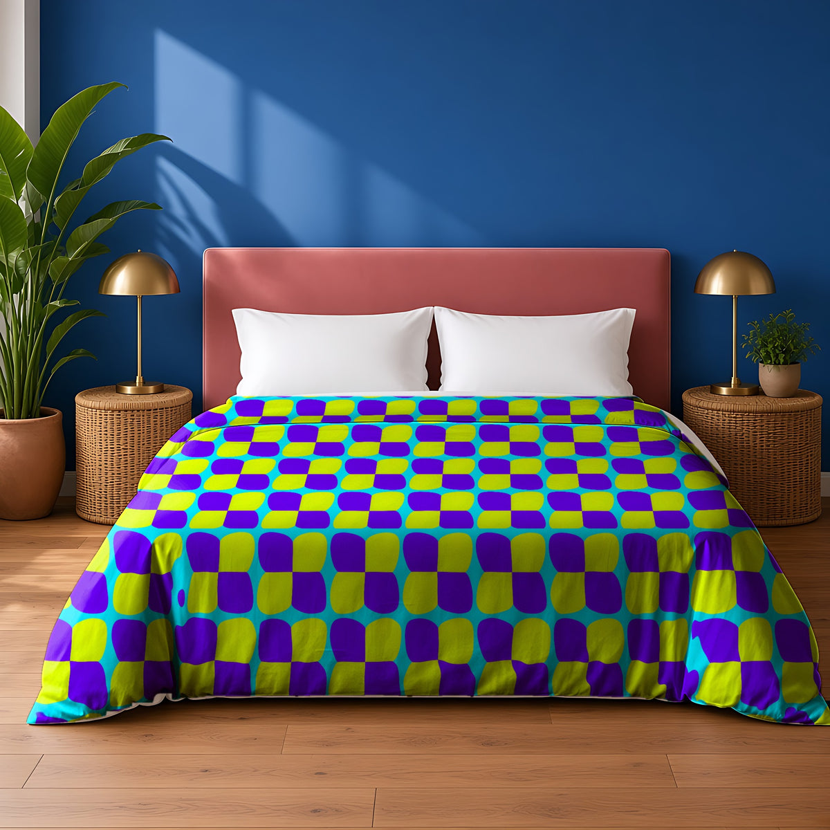 Bold Bulge Checker cotton duvet cover in the Chromatic Ripple palette, on a bed with a dusty-pink headboard against a cobalt wall