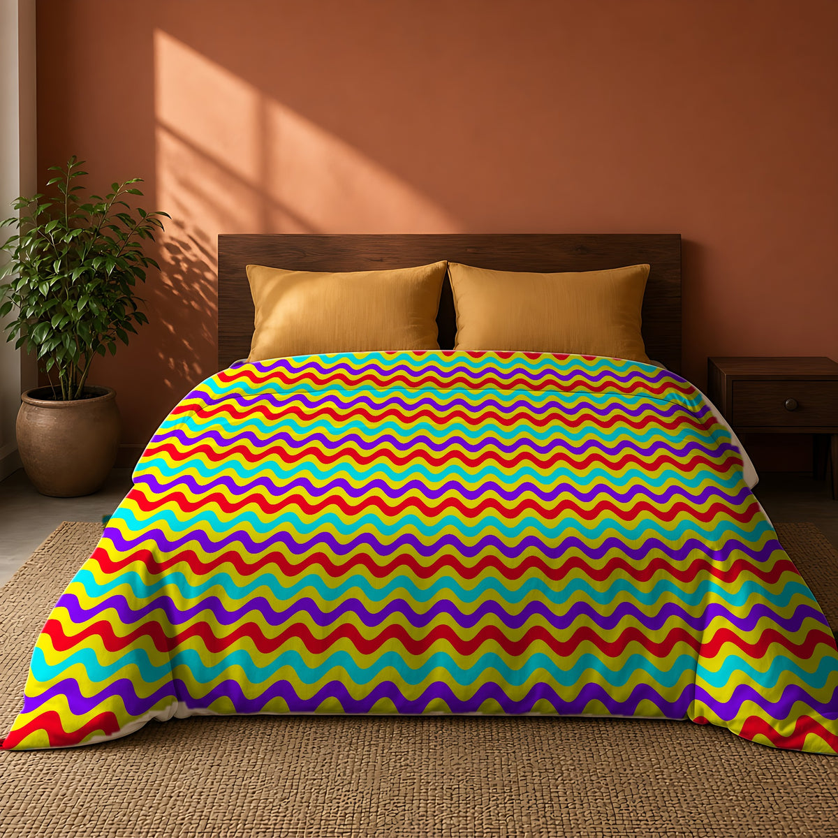 Big Ripple Chevrons Comforter on a king bed against a warm terracotta wall
