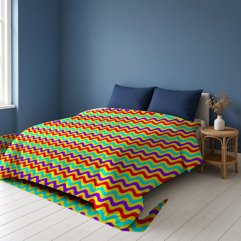 Big Ripple Chevrons Comforter on a bed in a Scandinavian blue bedroom