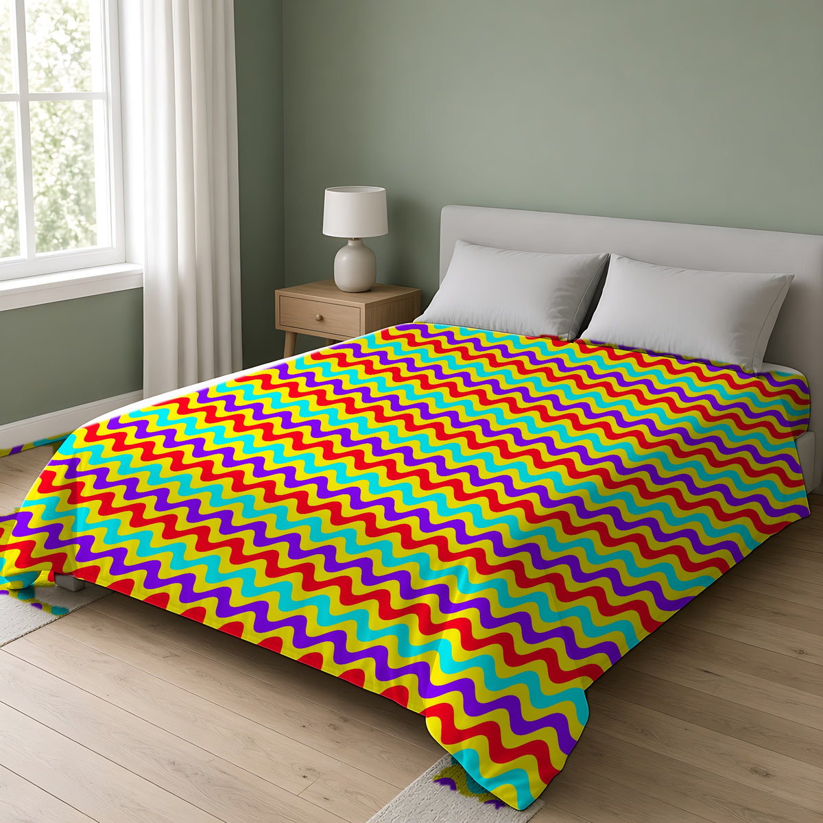 Big Ripple Chevrons Cotton Duvet Cover on a double bed in a bright sage-green bedroom