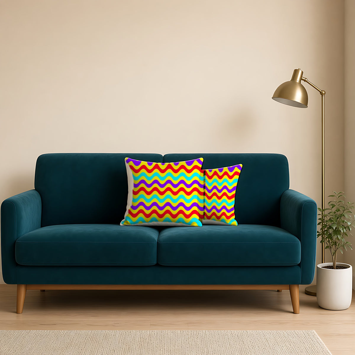 Big Ripple Chevrons Faux Suede Cushion on a teal velvet sofa