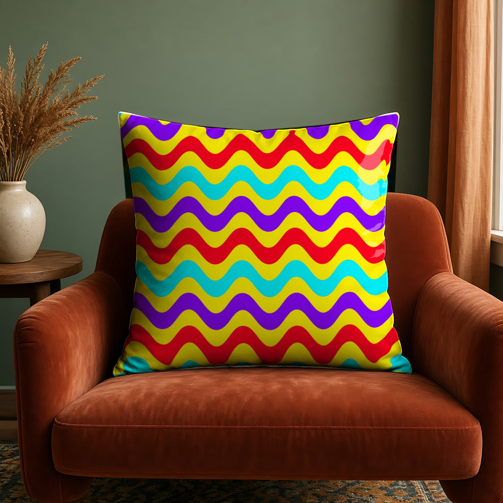 Big Ripple Chevrons faux suede cushion in the Chromatic Ripple palette, on a rust velvet armchair against a sage wall