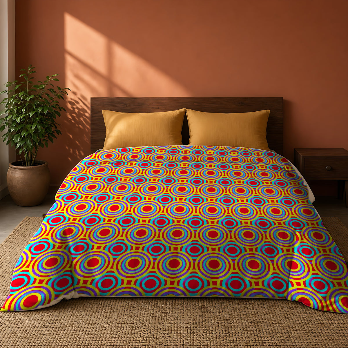 Interlocking Ring Ripples Comforter on a king bed against a warm terracotta wall
