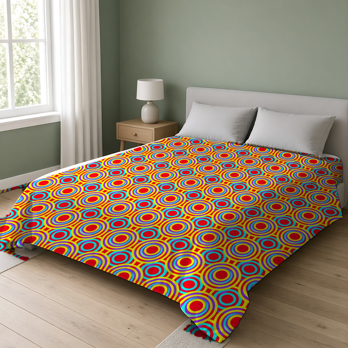 Interlocking Ring Ripples Cotton Duvet Cover on a double bed in a bright sage-green bedroom