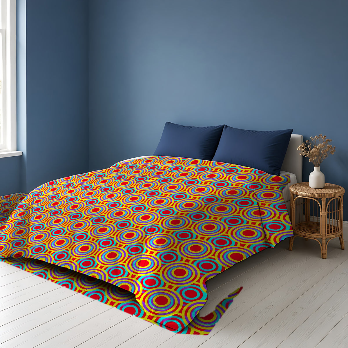 Interlocking Ring Ripples Cotton Duvet Cover on a bed in a Scandinavian blue bedroom