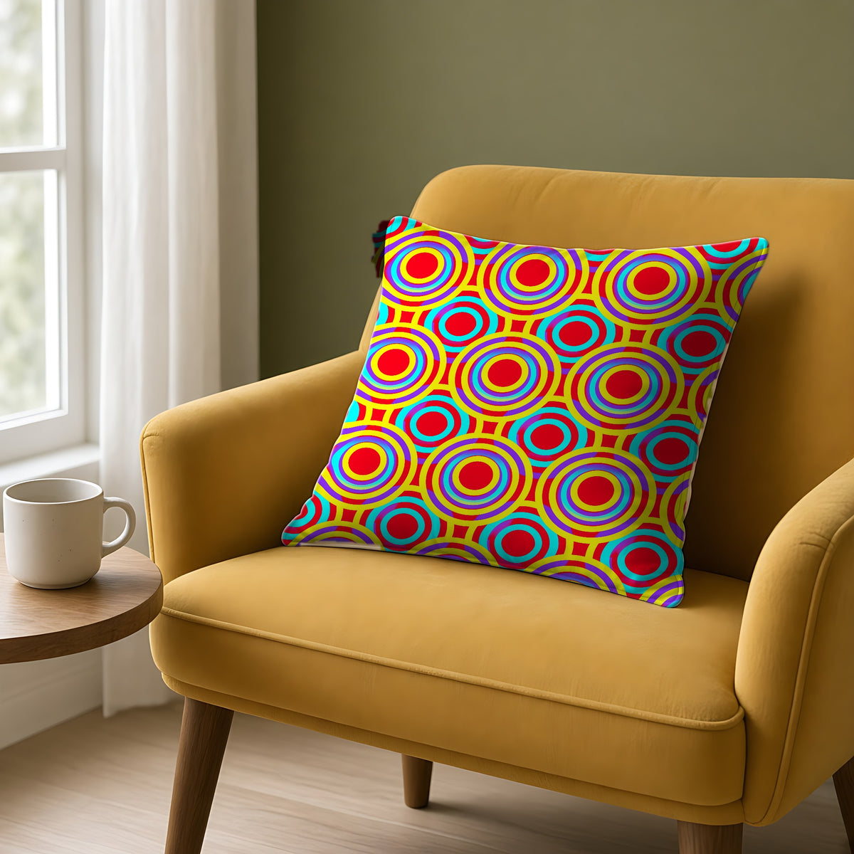 Interlocking Ring Ripples Faux Suede Cushion on a mustard armchair by a window